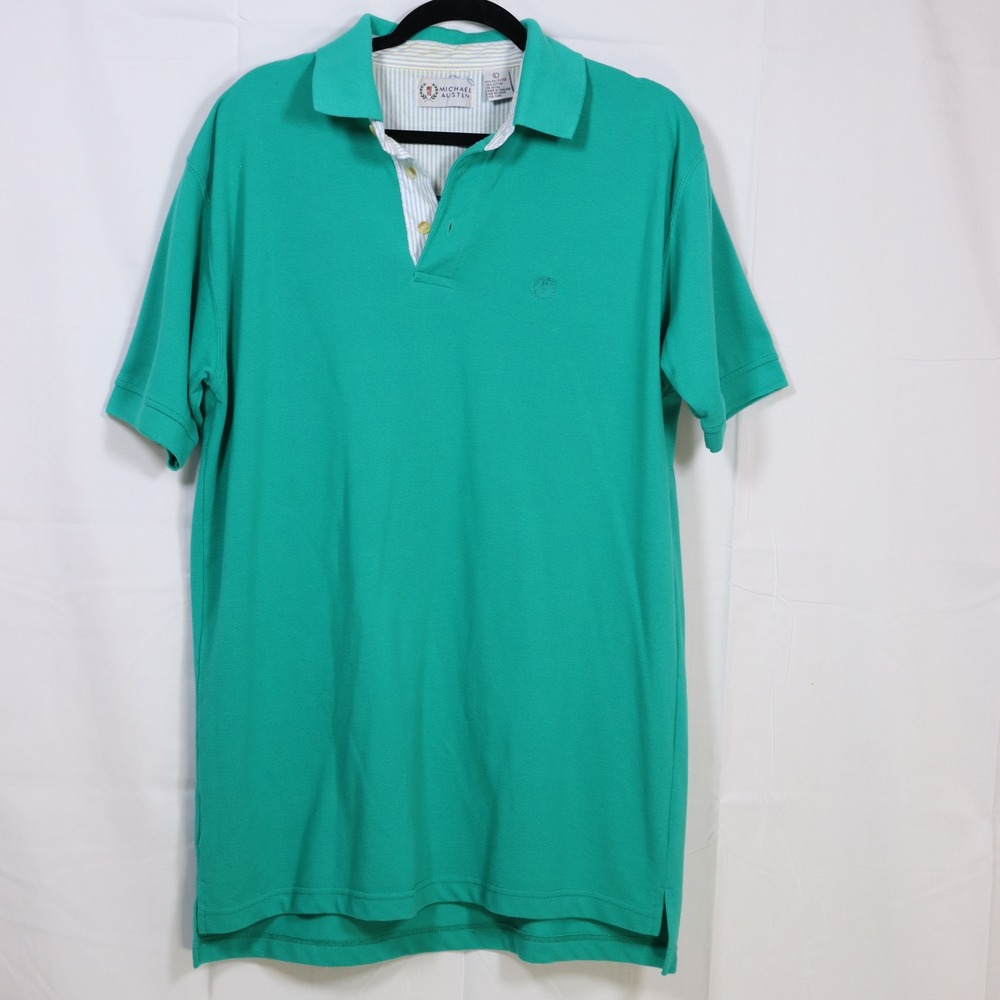 Michael Austin Polo Shirt Mens L Green Striped Collar Short Sleeve Pique Top